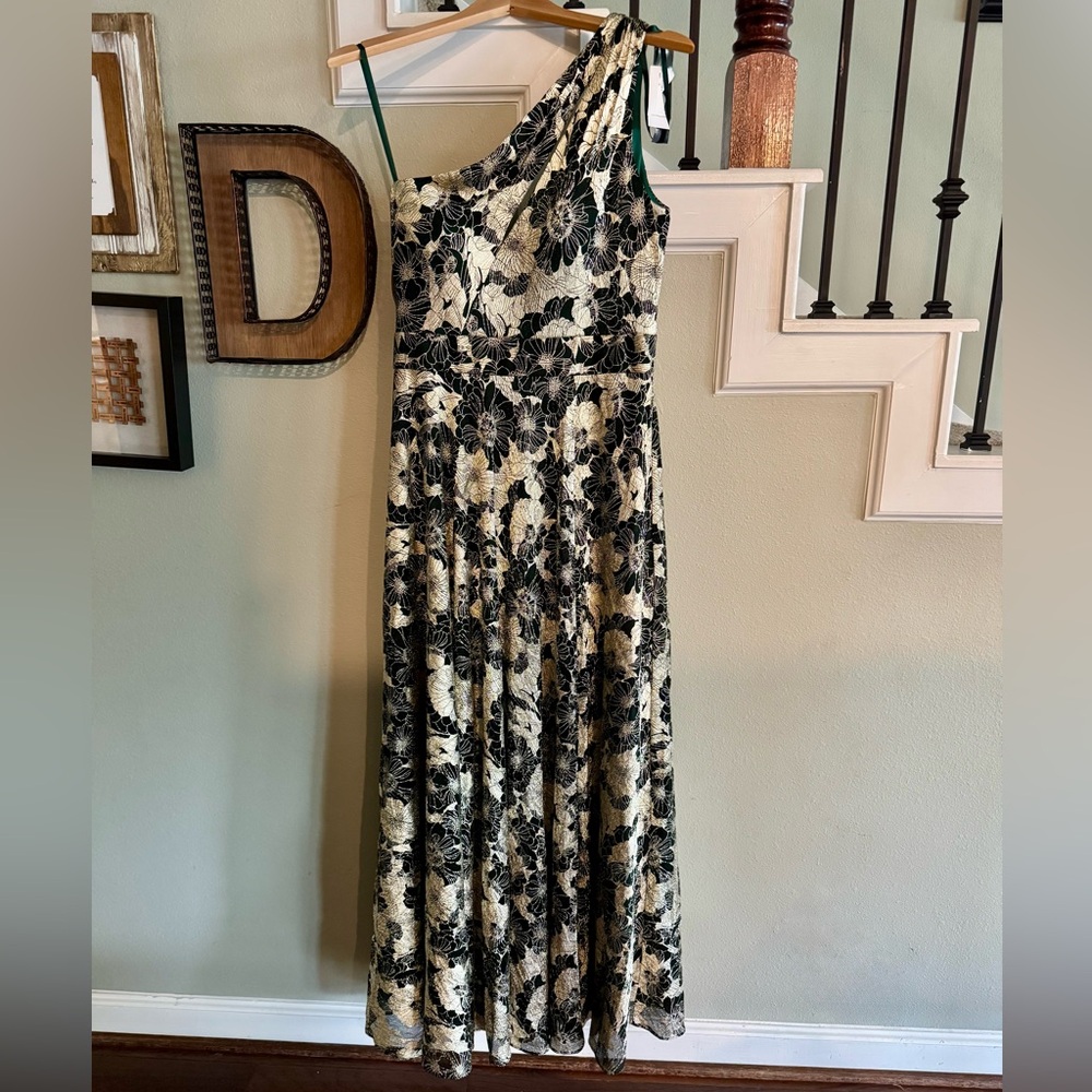 Betsy & Adam Dark Green and Gold One-Shoulder Dress
